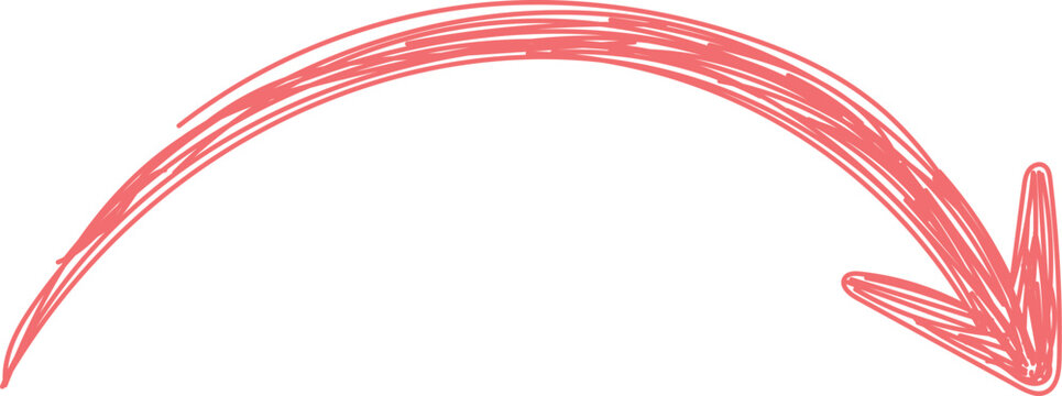 Red hand drawn doodle scribble curved arch arrow symbol pointing right vector element.