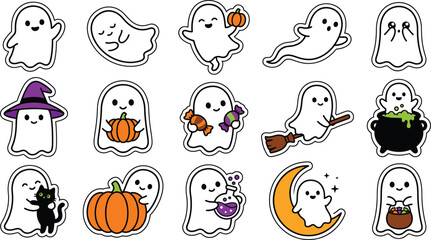 Fototapeta premium Set of cute hand drawn ghosts for halloween celebration featuring various spooky characters and festive autumn holiday elements