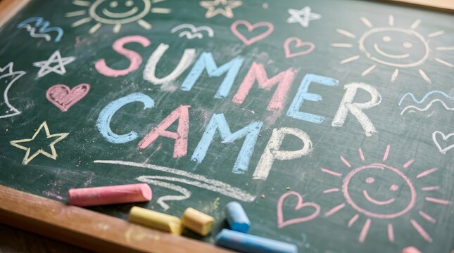 Close up of Summer Camp words with hand-drawn suns and hearts on a chalkboard.