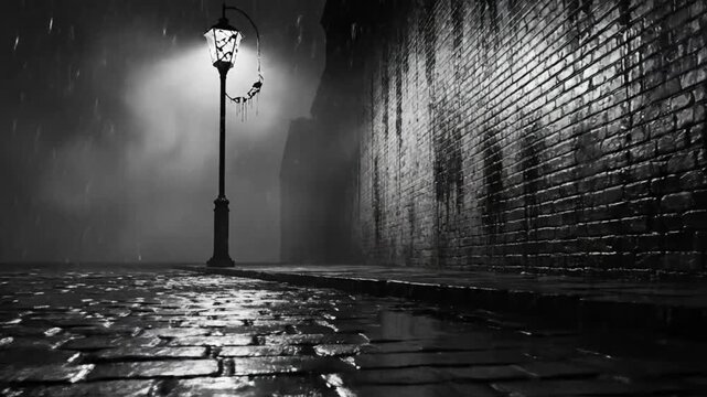 Rainy night in a dark alley with a street lamp illuminating cobblestone pavement and brick wall in monochrome