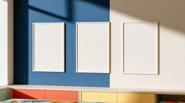 Three blank framed classroom posters displayed on a blue and white wall above colorful storage cabinets in natural sunlight