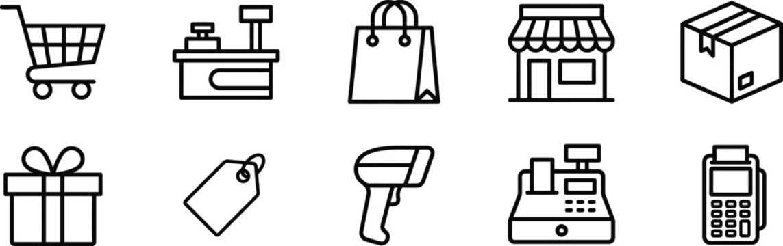 Set of ten simple black line icons representing retail shopping and e commerce business concepts