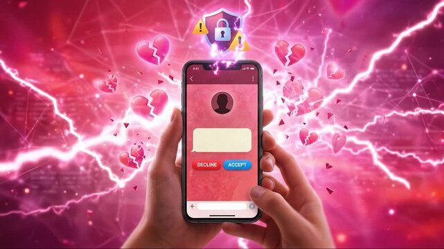 Incoming message on smartphone with accept and decline buttons, digital lock and security shield icons, broken heart symbols, pink background highlighting online dating risk and privacy threat