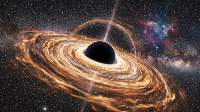 Black hole, supermassive cosmic phenomenon, demonstrating immense gravitational pull, orbiting matter forms accretion disk near event horizon singularity, releasing radiation energy.