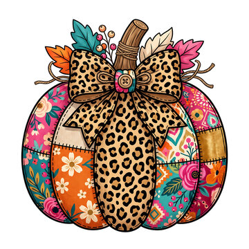 Boho Floral Pumpkin PNG with Leopard Print Bow for Fall Harvest and Thanksgiving Design