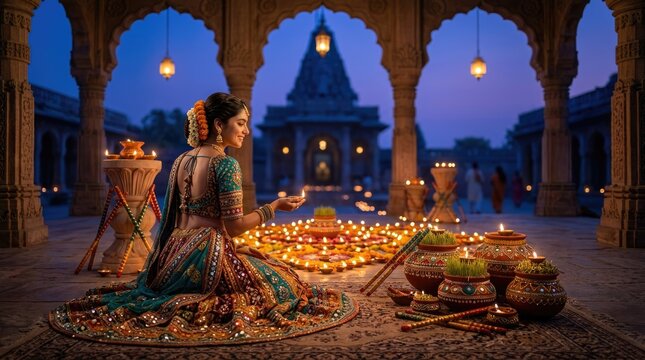 Indian woman in traditional chaniya choli celebrating Navaratri, lighting clay diya lamp during hinduism festival, performing religious worship ritual near sacred temple courtyard.
