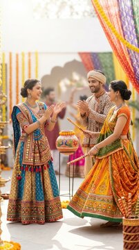 Navaratri celebration showing cheerful indian dancer performing traditional garba dandiya raas, wearing ethnic chaniya choli during hindu festival devotion, cultural nine nights ritual event.