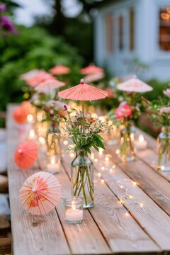 Outdoor summer party table set for an intimate gathering, featuring rustic wooden table, coral and blush cocktail umbrellas, glass bottles with flowers, and tiny candles