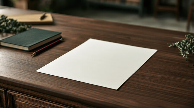 Sophisticated blank teacher welcome letter mockup on dark wooden desk with notebook, pencil and botanical accents