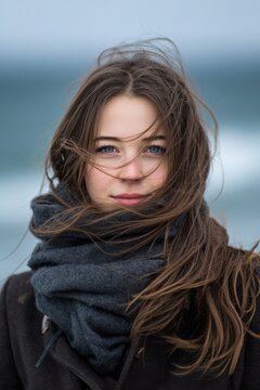 Young woman with long brown hair and blue eyes, wearing a dark scarf, stands by the sea on a windy day with waves in the background