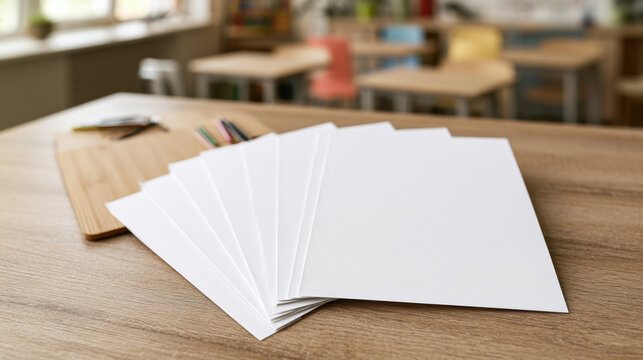 Blank classroom forms bundle mockup with white paper sheets fanned out on wooden teacher desk in school setting