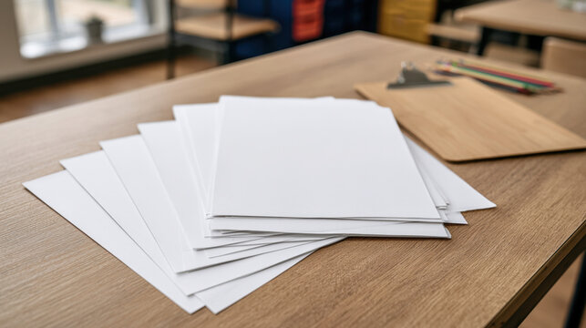 Blank classroom forms bundle mockup with several white paper sheets stacked on wooden teacher desk with school supplies