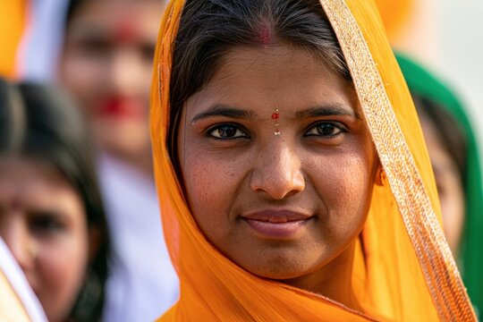 Young Indian woman in orange dupatta with embroidered border and traditional jewelry, smiling at a cultural celebration with blurred crowd in the background
