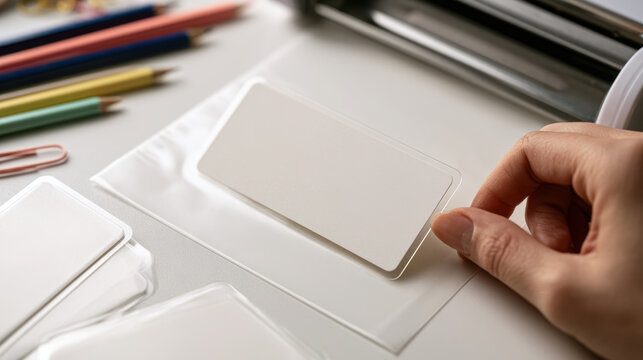 Teacher classroom resource preparation with hand holding blank card in clear laminating pouch near laminator