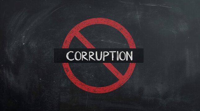 Black chalkboard displaying a red prohibition symbol with CORRUPTION written inside, representing anti corruption and ethics