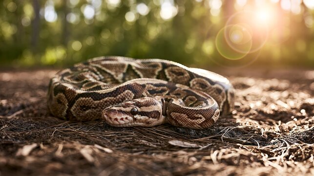 Ball python resting coiled on earthy forest ground, intricate scales showing camouflage pattern, natural habitat with warm sunlight