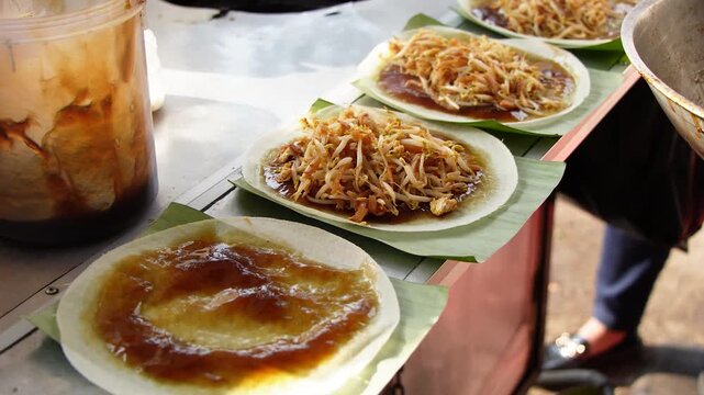 Street vendor prepares traditional rice cake topped with shredded vegetables and sweet sauce served on banana leaves at outdoor food stall. Authentic local cuisine in vibrant market setting.