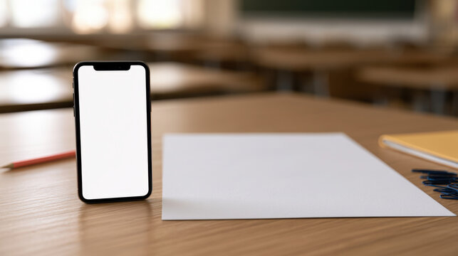 Teacher digital template mockup with blank smartphone screen and white paper on wooden classroom desk