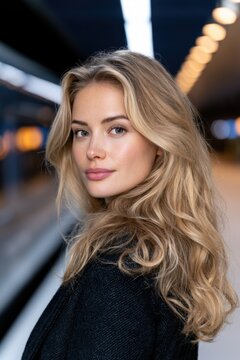 Young woman with long wavy blonde hair poses elegantly on a modern railway platform during evening hours, illuminated by soft lighting and blurred train in the background