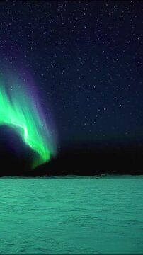 Vibrant aurora borealis lights dancing over frozen arctic snowfields captured in smooth motion.