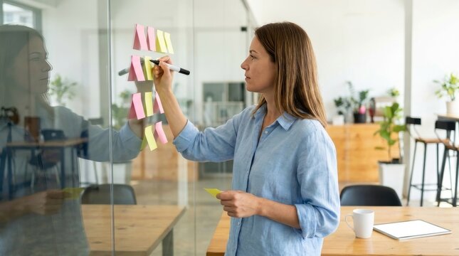 Businesswoman organizing sticky notes on office glass wall during strategy planning