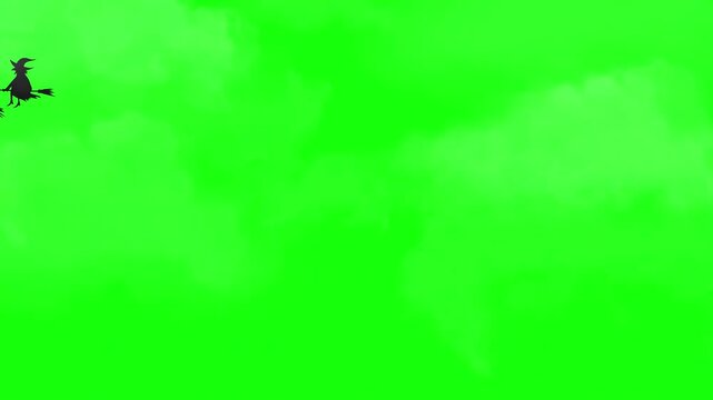 Small witch silhouette flying past on a green screen background, chroma key Halloween element for video editing, 4K
