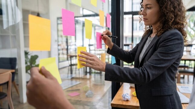 Professional Businesswoman Organizing Project Ideas and Brainstorming with Colorful Adhesive Notes on a Glass Wall in a Modern Office Workspace