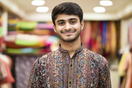 Young Indian man in intricately embroidered kurta stands inside a traditional clothing shop, showcasing colorful geometric and floral threadwork against a vibrant fabric backdrop
