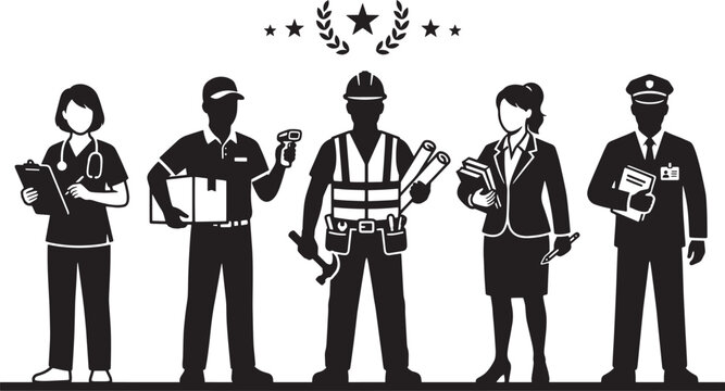 Diverse essential workers and professionals standing together labor day concept black silhouette vector illustration