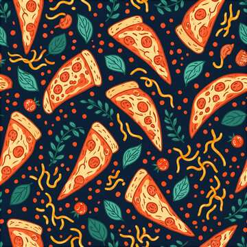 Colorful seamless pizza slice pattern with toppings and leaves