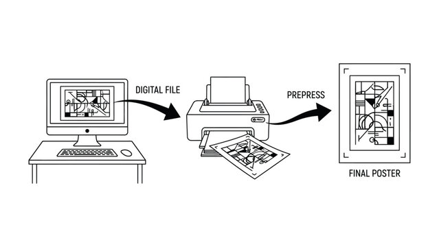 Poster Printing Process Explained: A clear, step-by-step illustration detailing the creation of a poster, from a digital file on a computer to printing and prepress stages.