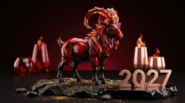 Caprid glass figurine: Chinese zodiac, Eastern calendar, Fire Goat, golden glitter, copy space, New Year, metallic numeral, holiday banner, festive background, invitation template.