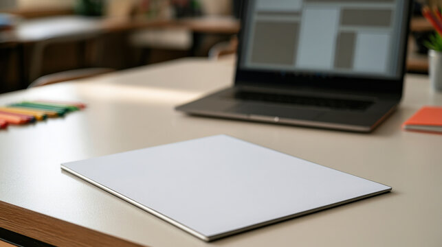 Blank teacher welcome letter mockup beside open laptop on classroom desk with colorful pencils and notebook