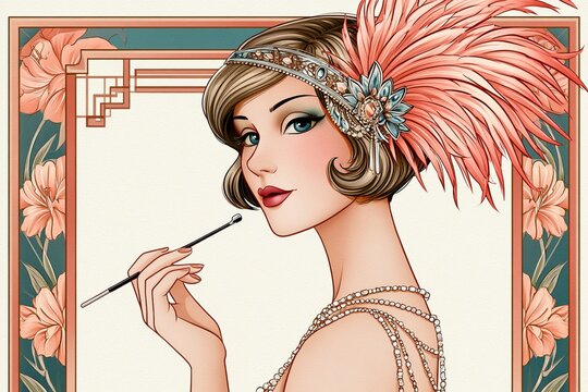 Elegant Art Deco illustration of a 1920s woman in side profile, featuring sculpted finger waves, jeweled headband with pink feathers, layered necklace, and refined evening dress
