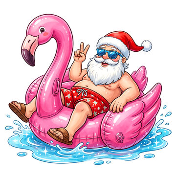 Santa Claus on pink flamingo pool float showing peace sign for tropical Christmas vacation