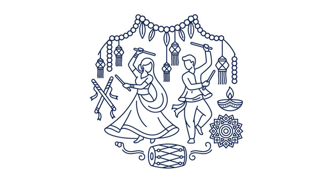 Dandiya Raas Couple Dancing Illustration Line Art