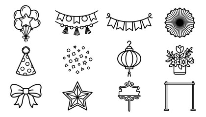 Fototapeta premium Celebration Icons Set with Balloons, Garlands, Lanterns, and Festive Elements