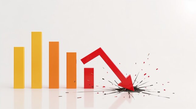 Financial decline and economic crisis concept with a red arrow breaking a bar graph, indicating recession and loss