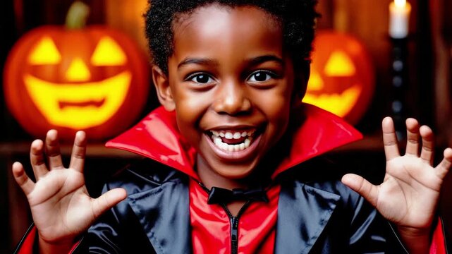 Happy african american boy in vampire dracula costume celebrating Halloween with glowing jack o lantern pumpkin. Festive trick or treat party and autumn holiday concept