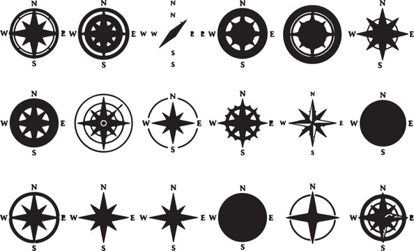 Collection of nautical windrose and marine direction symbols isolated on white