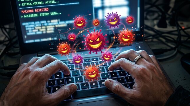 Cybersecurity threat hands typing on laptop surrounded by digital virus icons and malware alerts