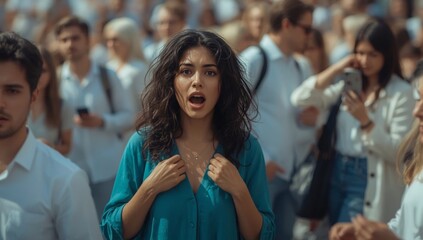 Obraz premium Woman expressing surprise in a busy city crowd, standing out with a striking emotional reaction
