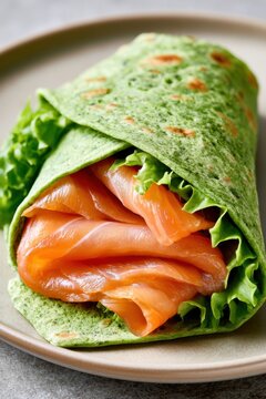 Homemade green spinach pita wrap filled with silky smoked salmon slices and fresh crisp lettuce, showcasing a soft textured bread with toasted spots on a plate