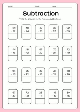 educational vector template for printable subtraction math worksheets. Suitable for kindergarten and elementary school students, featuring clear minus arithmetic problems, answer spaces, and a clean m