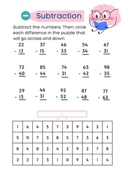 educational vector template for printable subtraction math worksheets. Suitable for kindergarten and elementary school students, featuring clear minus arithmetic problems, answer spaces, and a clean m