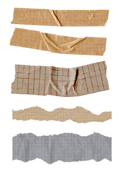 Set of torn paper and fabric tape strips in kraft, checked and gray on a white background
