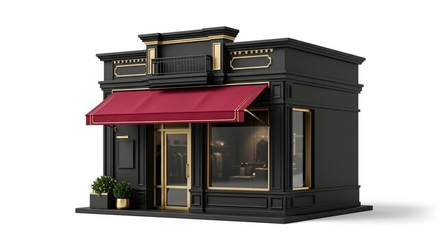 A highly detailed digital rendering showcases a small miniature storefront featuring a striking vibrant red awning and beautifully ornate architectural details set on a plain