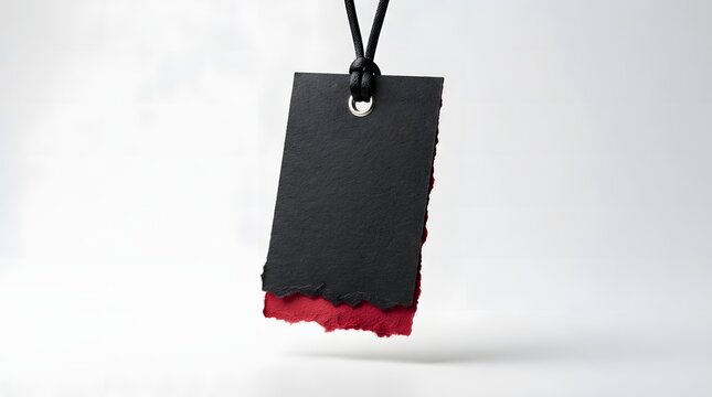 A beautifully crafted obsidian pendant featuring a bold vibrant red colored accent gracefully suspended from a smooth sleek black cord on a simple background