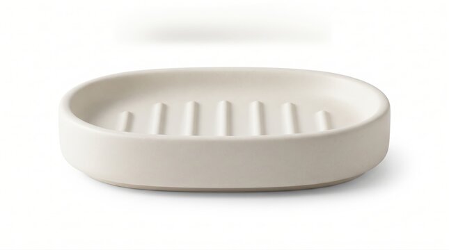 Empty white ceramic soap dish with drainage grooves isolated on a clean white background