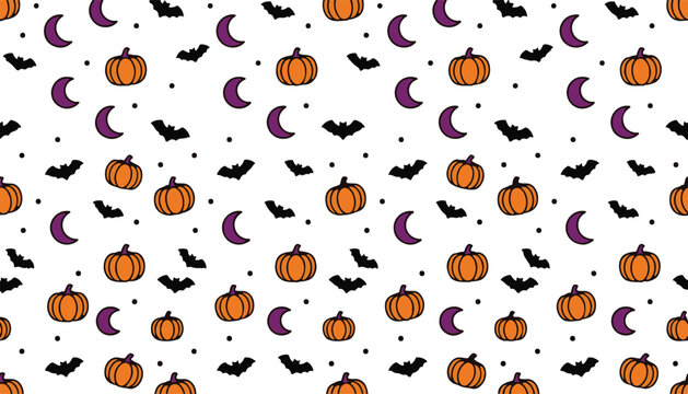 Seamless Halloween pattern with pumpkins bats and crescent moons